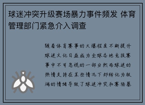 球迷冲突升级赛场暴力事件频发 体育管理部门紧急介入调查