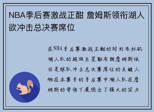 NBA季后赛激战正酣 詹姆斯领衔湖人欲冲击总决赛席位